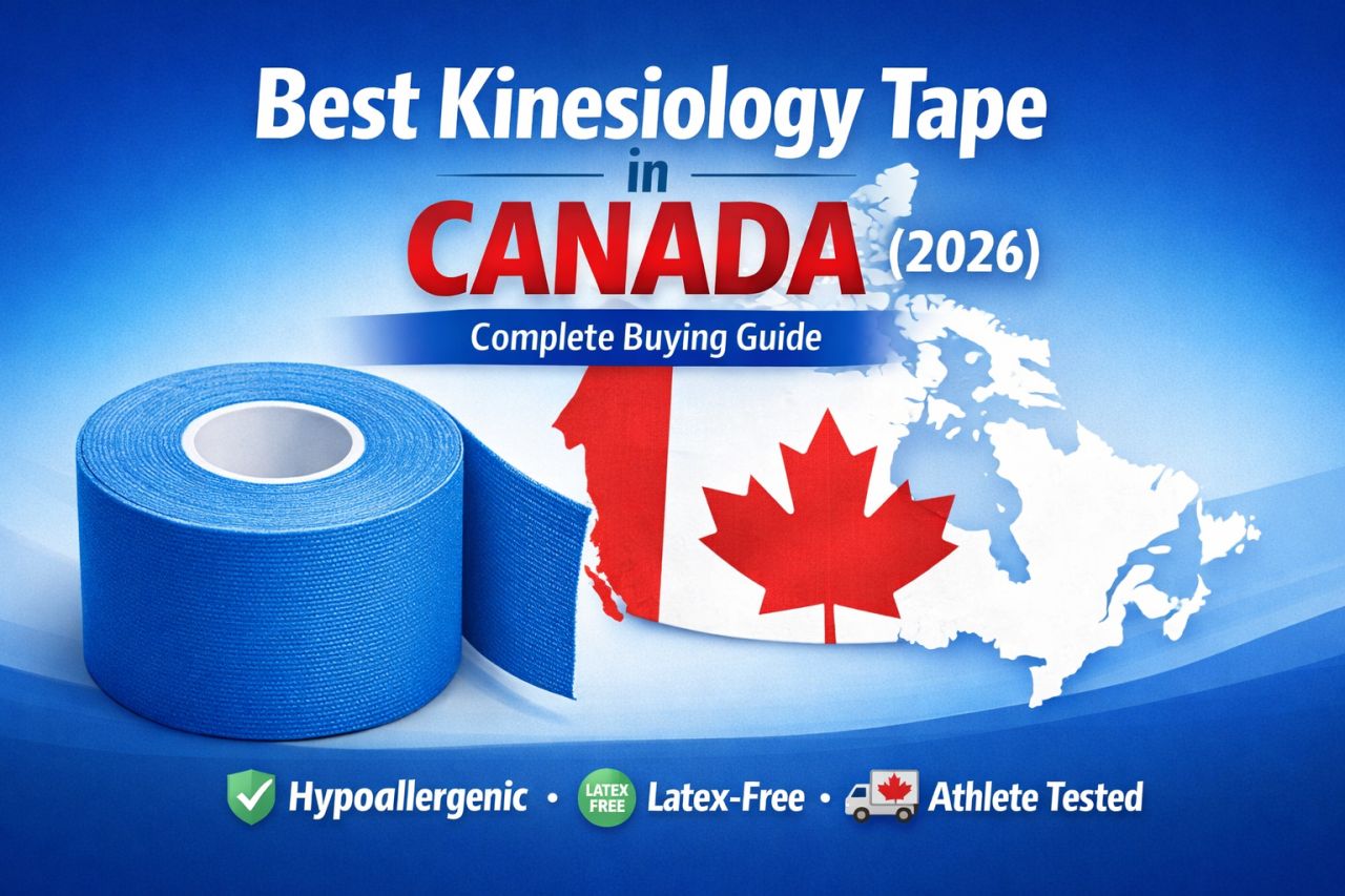 Blue kinesiology tape roll with Canada map and buying guide highlights for 2026; hypoallergenic, latex-free, athlete-tested.