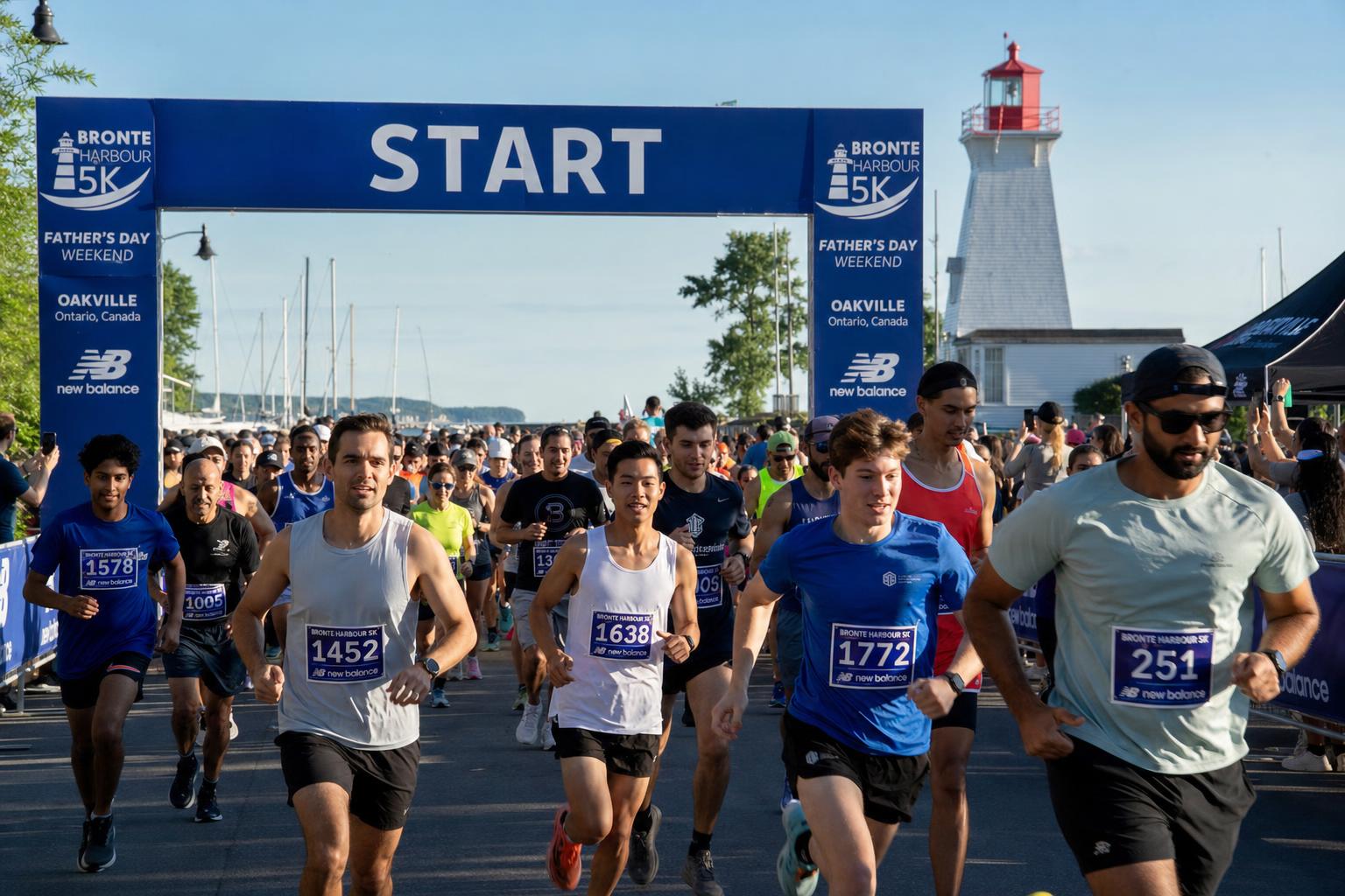 Runners at the starting line of the Bronte Harbour Classic 5K race at Bronte Heritage Waterfront Park, Oakville, Ontario on Father's Day 2026
