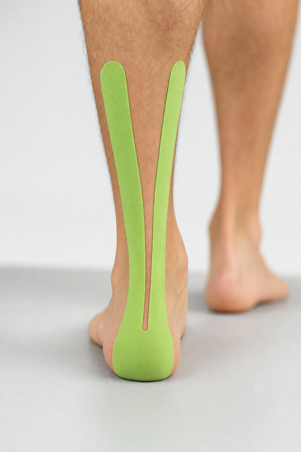 Lime green kinesiology tape Y-strip applied for Achilles tendonitis