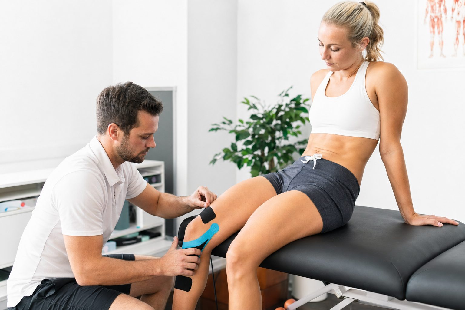 Sports therapist applying kinesiology tape to athlete's knee — TapeGeeks KT tape application chart