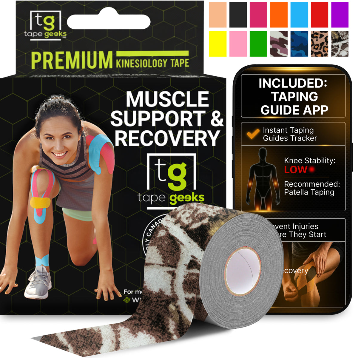 TapeGeeks Bion Camo kinesiology tape roll - camo patterned tape for muscle support and sports injury recovery