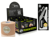 TapeGeeks beige kinesiology tape starter kit with six skin-tone rolls and scissors for discreet athletic muscle support.
