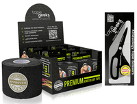 TapeGeeks black kinesiology tape 6-pack starter kit with premium scissors for strong muscle support and sports taping.