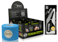 TapeGeeks blue kinesiology tape 6-roll kit and scissors, ideal for athletic taping, joint support, and sports recovery.