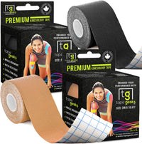 TapeGeeks 2-pack kinesiology tape in black and beige, with packaging, provides premium muscle support and hypoallergenic comfort.