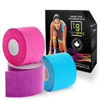 TapeGeeks kinesiology tape 3-pack featuring pink, purple, and blue rolls with box, ideal for muscle and joint support.