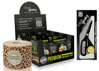 TapeGeeks leopard print kinesiology tape starter kit with six animal pattern rolls and sharp scissors for muscle support.