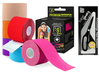 TapeGeeks multi-color kinesiology tape starter pack with assorted rolls and scissors for full-body athletic taping support.