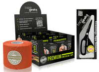 TapeGeeks orange kinesiology tape starter bundle featuring six rolls and durable scissors for muscle pain relief.