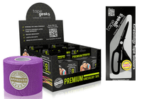 TapeGeeks purple kinesiology tape six-pack with scissors for muscle relief and all-purpose athletic taping support.
