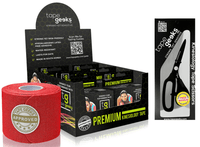 TapeGeeks red kinesiology tape 6-roll kit and scissors for sports recovery, injury prevention, and active lifestyles.