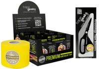 TapeGeeks yellow kinesiology tape 6-pack with strong elastic tape and Japanese steel scissors for sports taping.