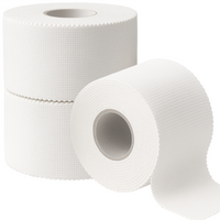 Three rolls of TapeGeeks athletic sports tape in white, with one roll partially unrolled, showing the textured cotton material designed for strong support, easy tearing, and reliable joint stability.