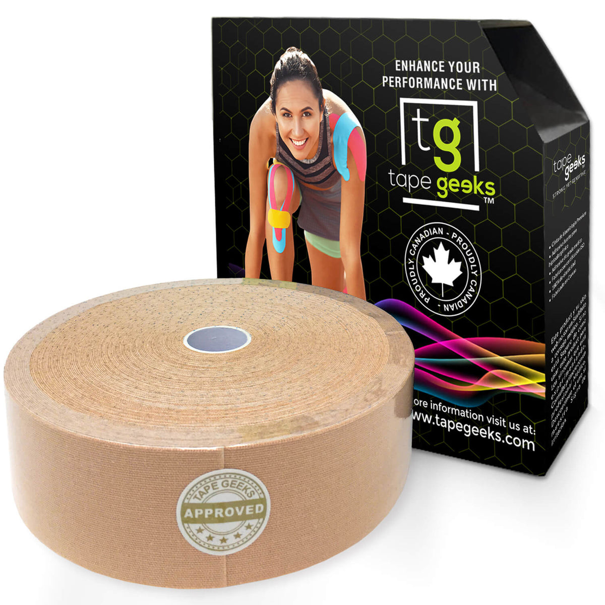 TapeGeeks 2-inch beige bulk kinesiology tape roll with branded packaging, premium quality for extended athletic and therapy use.