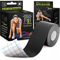 Black TapeGeeks 2-inch kinesiology tape roll with product box, offering strong yet skin-sensitive support for athletes and active users.