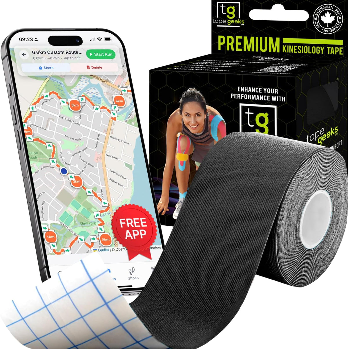 Black TapeGeeks 2-inch kinesiology tape roll with product box, offering strong yet skin-sensitive support for athletes and active users.