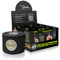 Black TapeGeeks premium kinesiology tape roll offers versatile athletic support and muscle recovery.