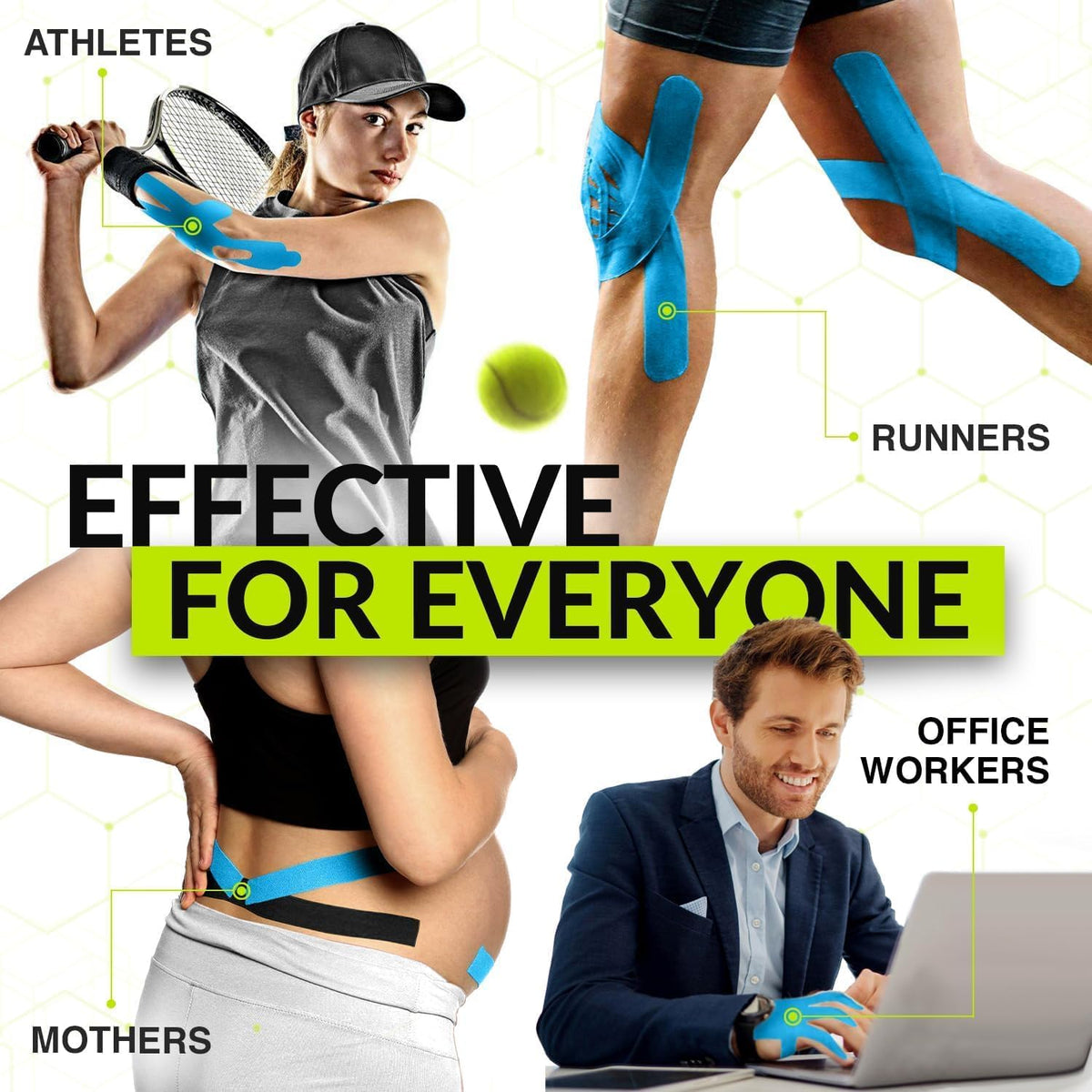 Blue TapeGeeks kinesiology tape bulk roll shown on athletes, runners, mothers, and office workers for versatile support.