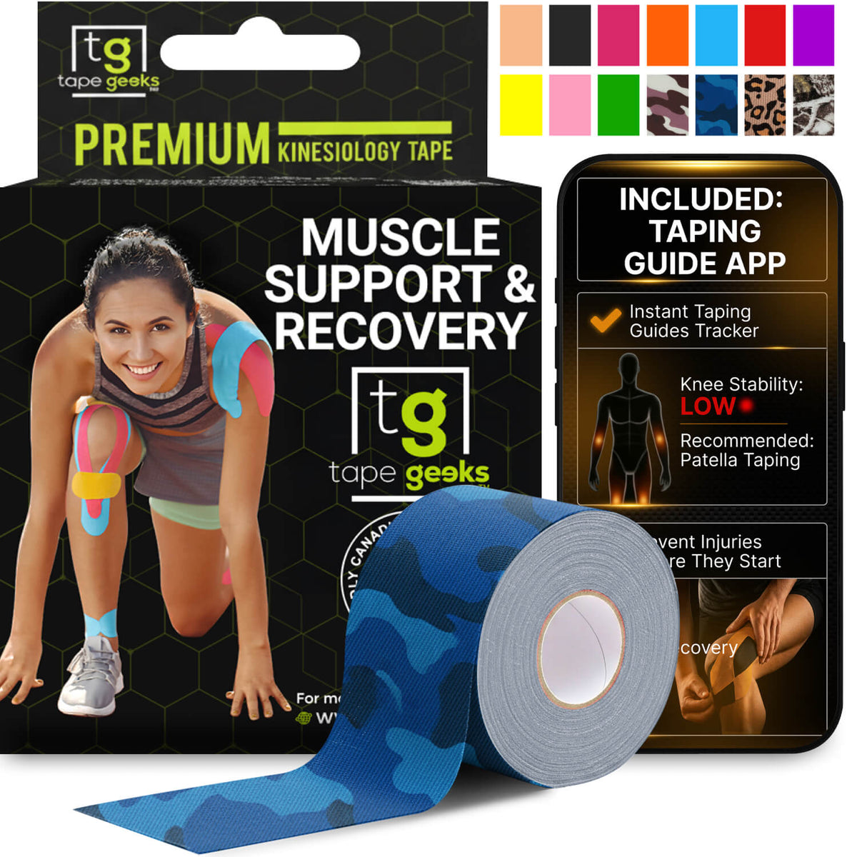 TapeGeeks 2-inch blue camouflage kinesiology tape roll providing flexible muscle support, joint stability, pain relief, and faster recovery for running, weightlifting, CrossFit, and sports training.
