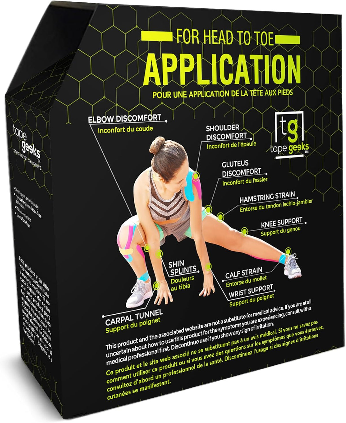 TapeGeeks kinesiology tape bulk roll box with illustrated guide for head-to-toe application and targeted pain relief.