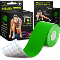 Green TapeGeeks 2-inch kinesiology tape roll beside the box, designed for athletes needing flexible muscle support and fast recovery.