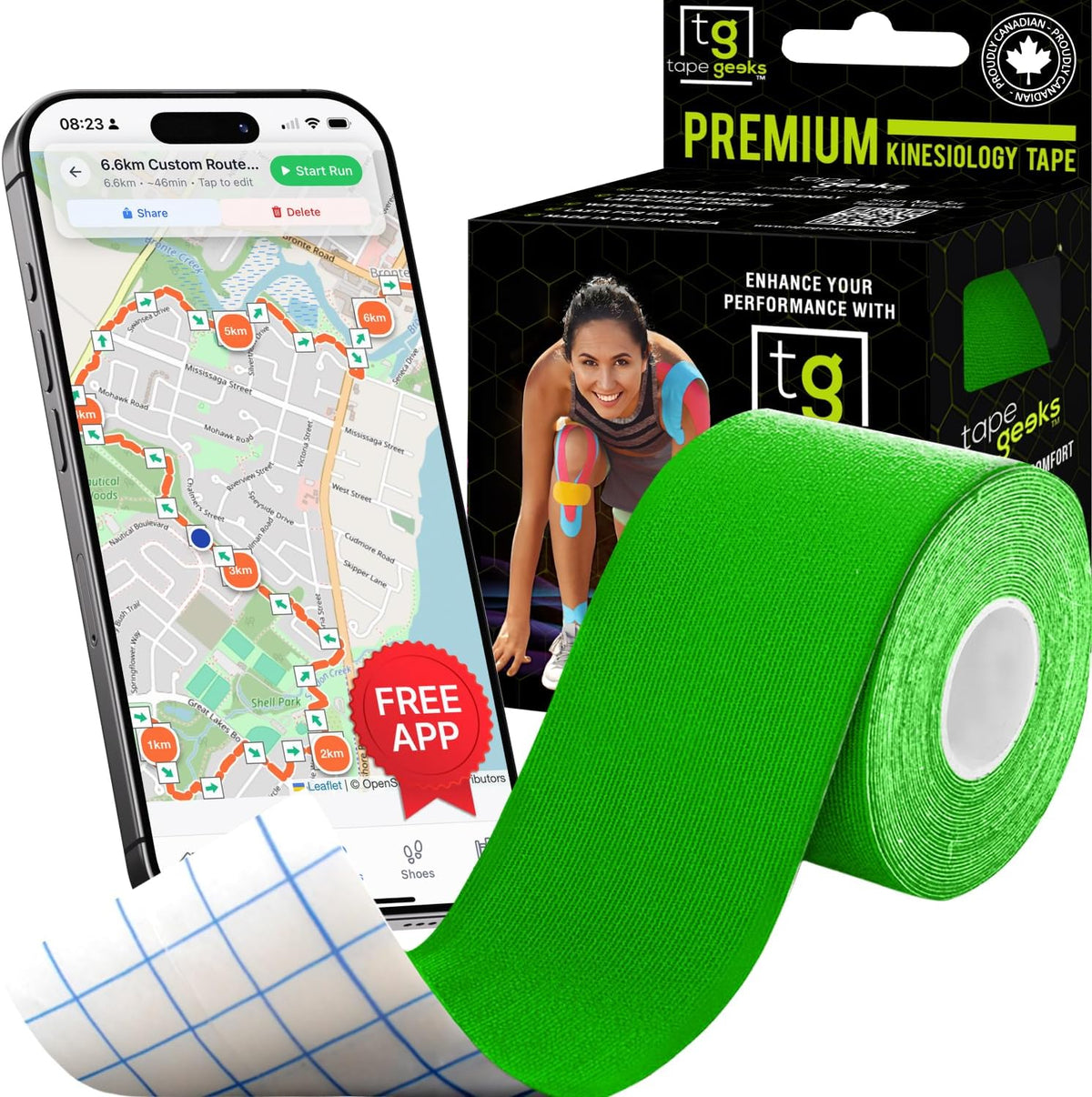 Green TapeGeeks 2-inch kinesiology tape roll beside the box, designed for athletes needing flexible muscle support and fast recovery.