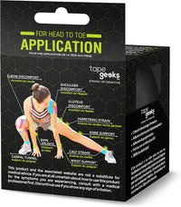 TapeGeeks kinesiology tape packaging showing full body applications for wrist, calf, knee, hamstring, and more.