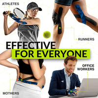 A collage showing athletes, runners, office workers, and mothers using TapeGeeks kinesiology tape, illustrating its versatility and full-body support for all lifestyles.