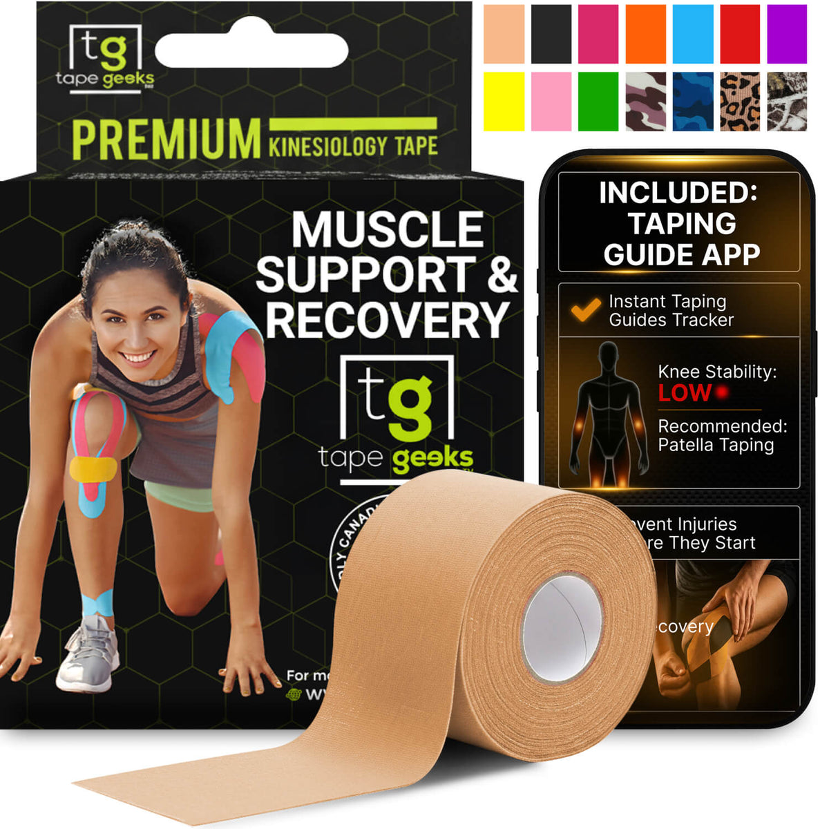 Beige skin tone kinesiology tape for discreet muscle support, pain relief, and daily wear