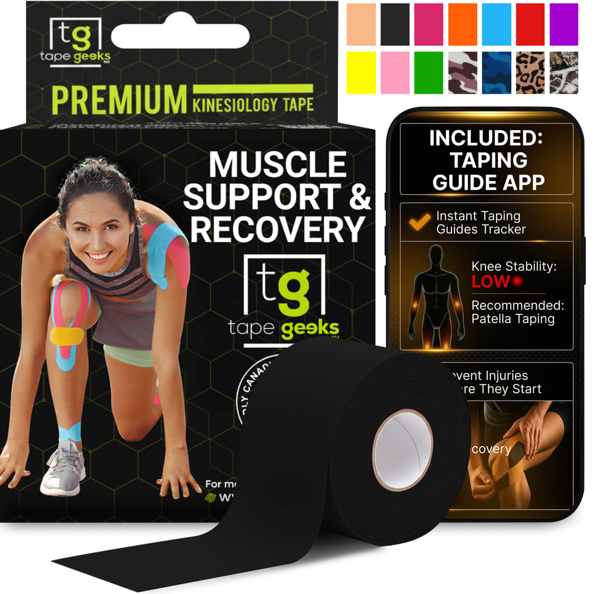 Black kinesiology tape roll for professional muscle support, injury prevention, and recovery