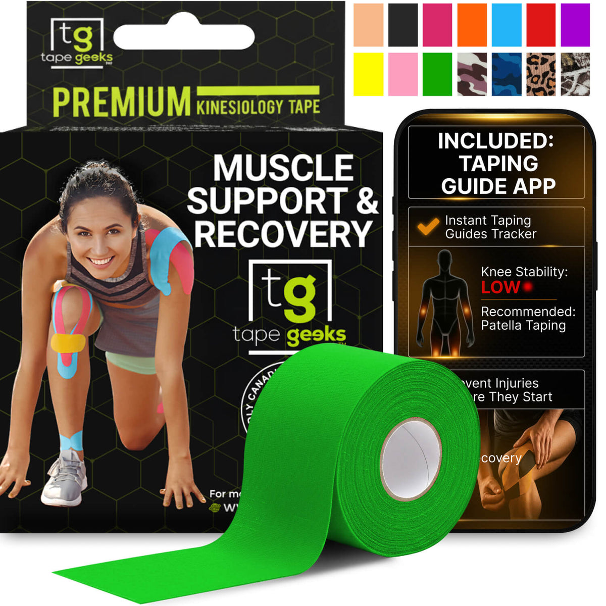 Green kinesiology tape roll for muscle support, sports recovery, and joint stabilization