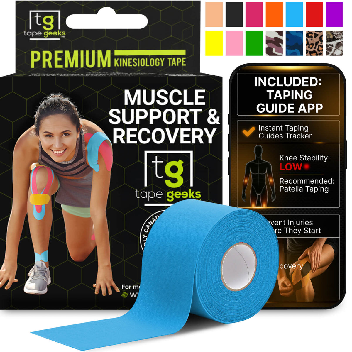 Blue kinesiology tape for joint support, muscle recovery, and flexible athletic movement