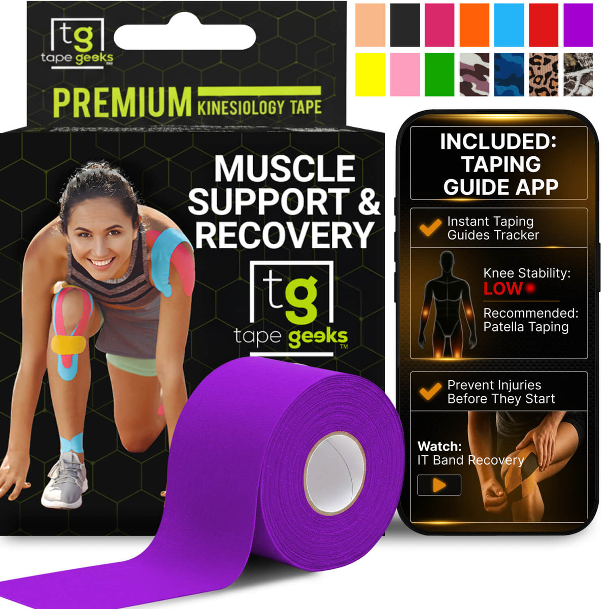 Purple kinesiology tape for muscle recovery, joint support, and athletic performance