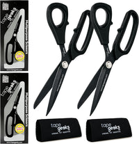 A pair of black TapeGeeks kinesiology tape scissors shown with premium packaging and microfiber cleaning cloths, highlighting their Japanese stainless steel blades and multipurpose cutting performance.