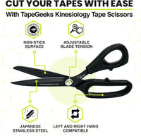 TapeGeeks kinesiology tape scissors with non-stick surface, adjustable tension, and Japanese stainless steel blades for easy cutting.