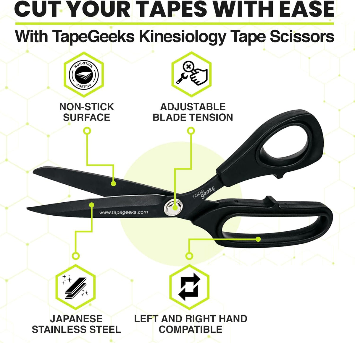 TapeGeeks kinesiology tape scissors with non-stick coating and Japanese stainless steel for effortless tape cutting.