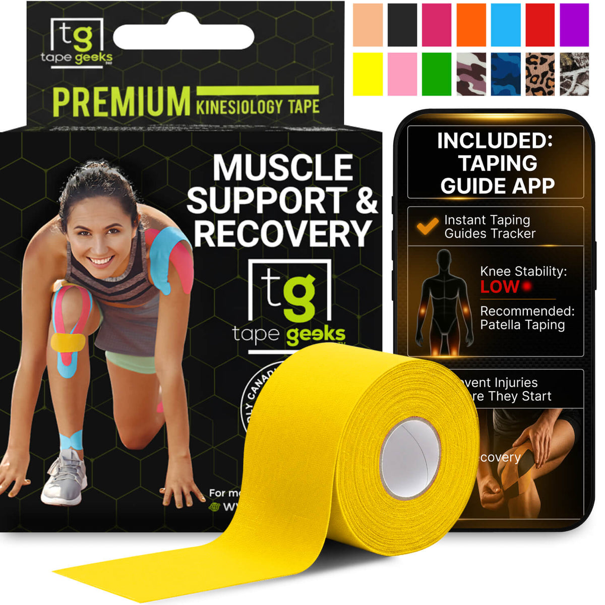 Yellow kinesiology tape for muscle support, pain relief, and high visibility sports use