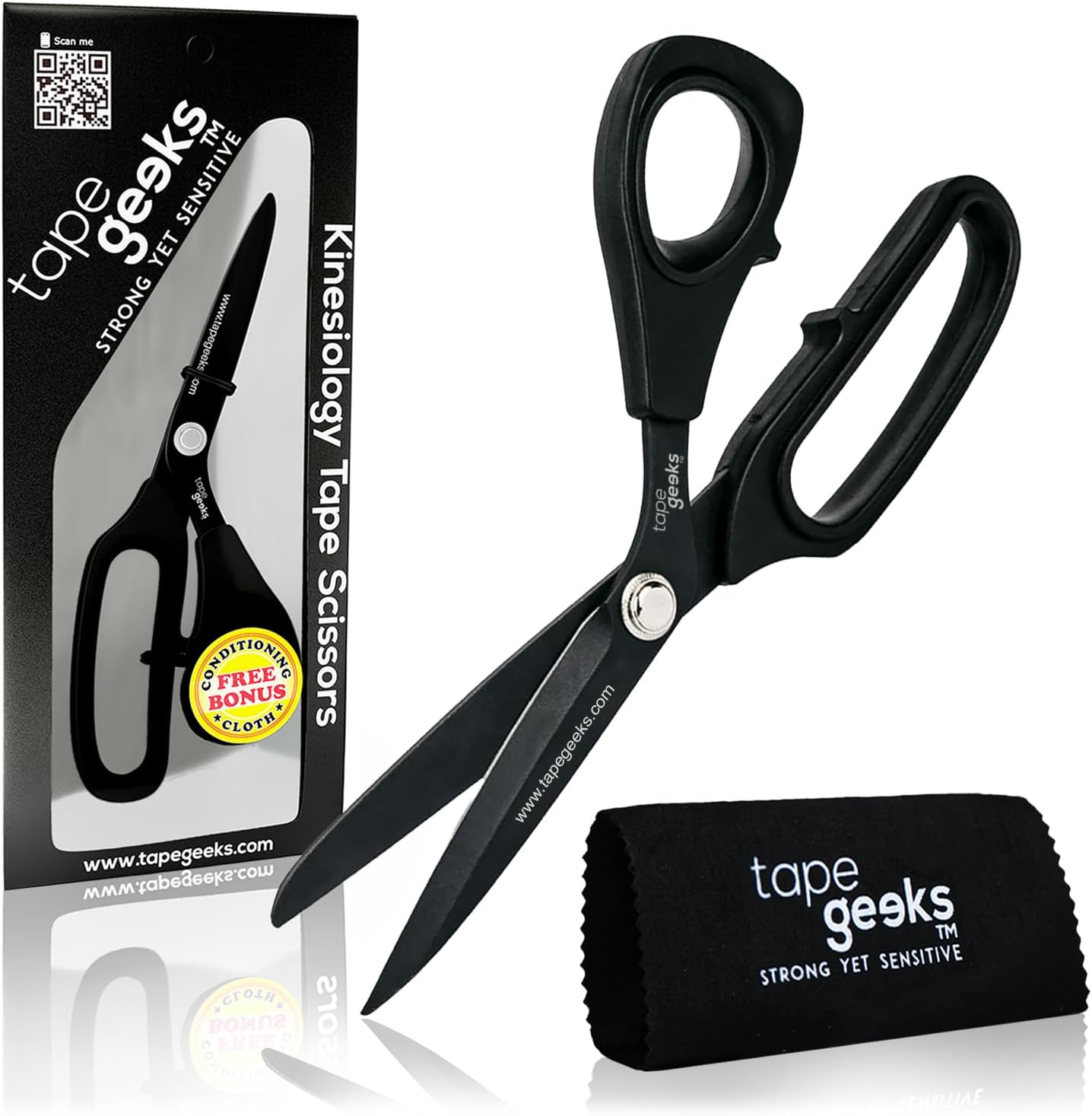 TapeGeeks kinesiology taping scissors with precision Japanese stainless steel blades, non-stick coating, ergonomic comfort-grip handles, retail packaging, and cleaning cloth for clean, accurate cuts through kinesiology tape, athletic tape, fabric, and wraps.