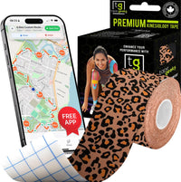 Kinesiology tape with leopard print design, smartphone app, offering strong adhesion and skin-friendly support for workouts and recovery and branded packaging.