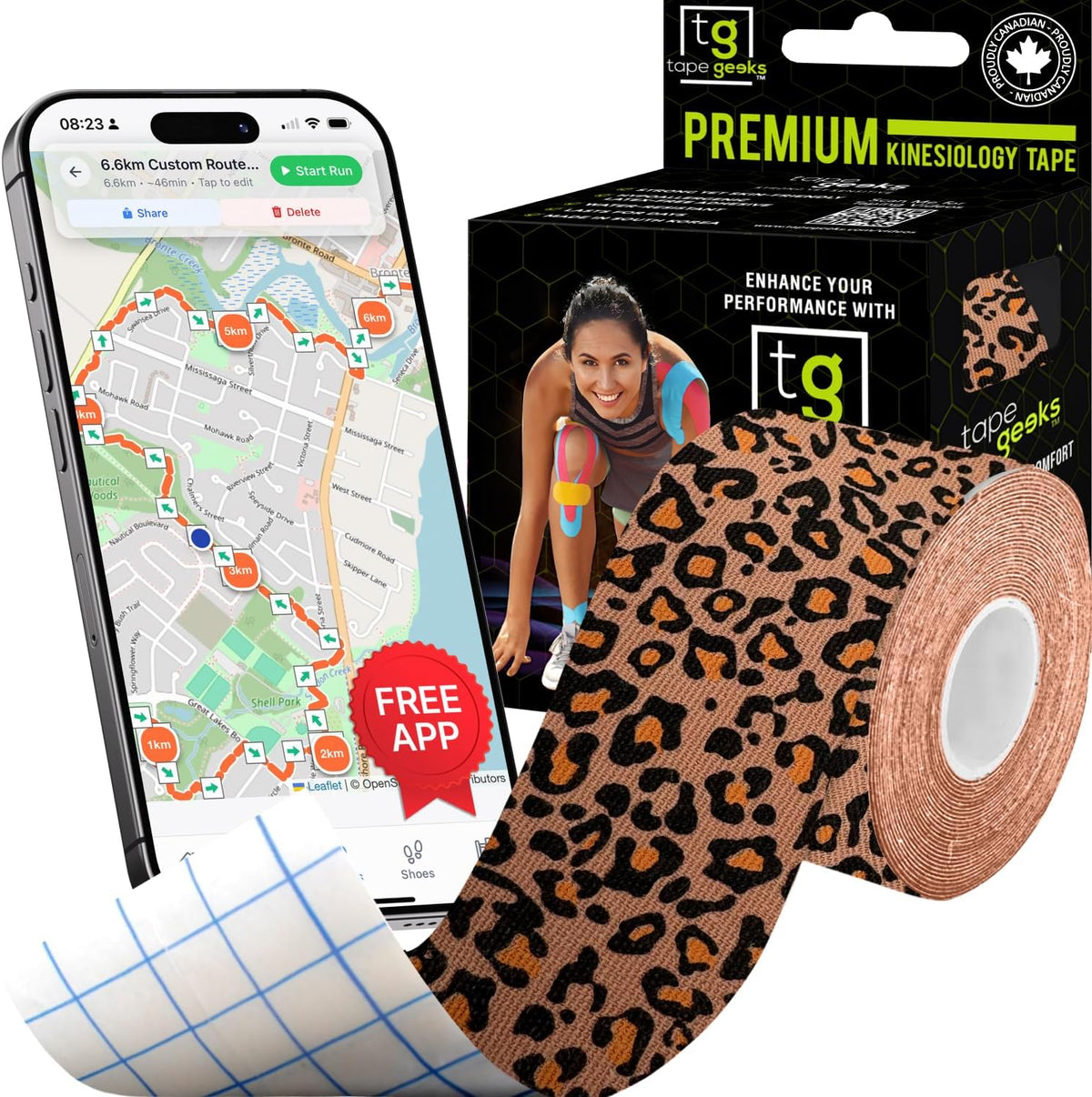 Leopard-print TapeGeeks kinesiology tape roll next to branded packaging, combining bold style with reliable muscle support and flexible movement.