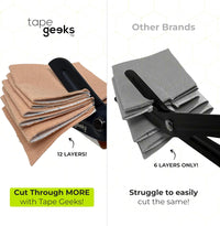Side-by-side comparison showing TapeGeeks scissors cutting through 12 layers of tape with ease while other brand scissors struggle with fewer layers.