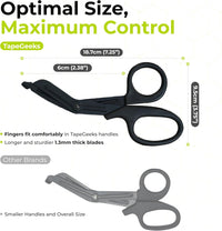 Diagram of TapeGeeks medical scissors displaying length, handle size, and blade thickness, highlighting ergonomic grip and longer, sturdier stainless steel blades.
