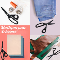 TapeGeeks multipurpose scissors cutting various materials such as fabric, paper, and leather, illustrating their sharp Japanese steel blades and versatility for home or clinic use.