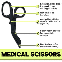TapeGeeks medical scissors featuring extra-long non-slip TPR handles, angled design, non-stick coated blades, and blunted ends for maximum safety.