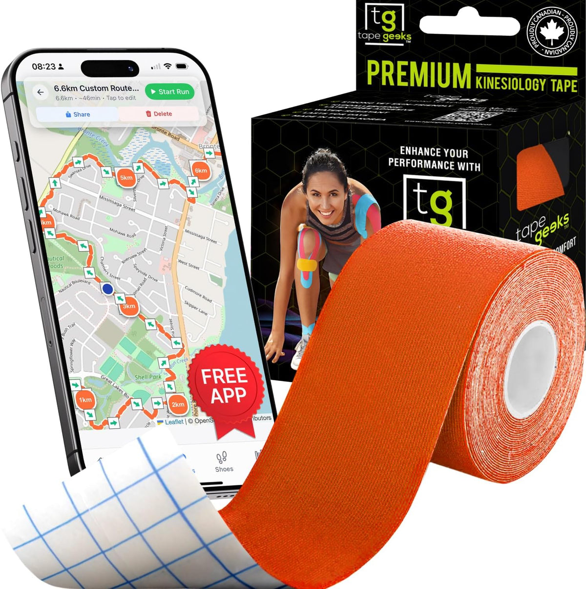 Orange TapeGeeks premium kinesiology tape roll next to branded packaging, used for muscle relief, performance support, and faster recovery.