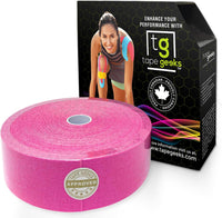 TapeGeeks 2-inch pink bulk kinesiology tape roll with branded box, premium athletic tape for long-lasting muscle and joint support.