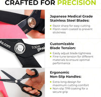TapeGeeks kinesiology taping scissors with precision Japanese steel blades, ergonomic non-slip handle, and adjustable blade tension.