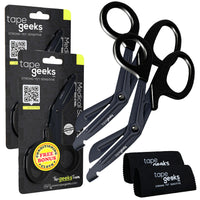 Two TapeGeeks medical scissors with black resin handles and serrated stainless steel blades shown next to branded microfiber cloths and packaging.