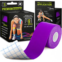 Purple TapeGeeks 2-inch kinesiology tape roll displayed beside the retail box, showing muscle support, water-resistant design, and premium athletic performance benefits.