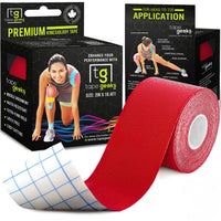 Red TapeGeeks kinesiology tape roll shown with product packaging, highlighting strong adhesion, flexibility, and athletic recovery benefits.